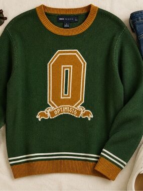 ASOS Design Optimists Green Varsity Knit Sweater Men’s Large Graphic Crewneck